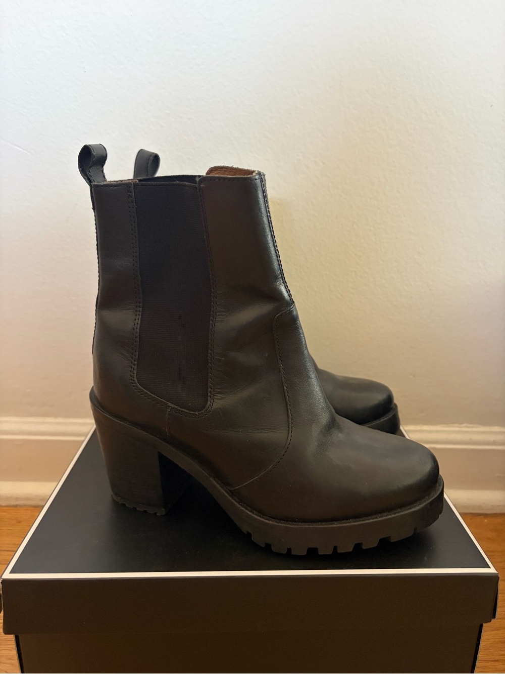 H&M Black Leather Platform Chelsea Booties